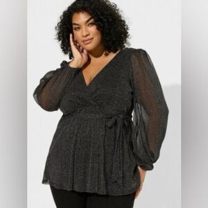 torrid Black Shimmery Wrap Dress with Sheer Puff Sleeves